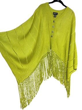 Patti La Belle Lime Green Fringed Knit Sweater Poncho Silk Blend Boho Grunge OS